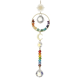 Chakra Glass Beads & Natural & Syntheti Mixed Gemstone Chip Beads & Brass Hanging Suncatchers,Sun & Moon, for Garden Window Ornaments