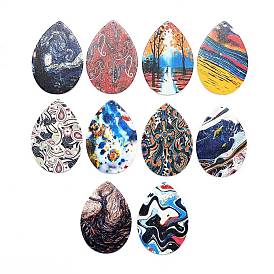 Printed Wooden Big Pendants, Dyed, Teardrop
