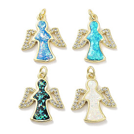 Brass Micro Pave Clear Cubic Zirconia Pendants, with Synthetic Opal and Jump Rings, Real 18K Gold Plated, Angel Charms