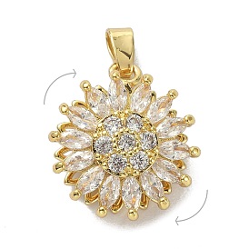Brass Micro Pave Clear Cubic Zirconia Pendants, Rotatable. Flower