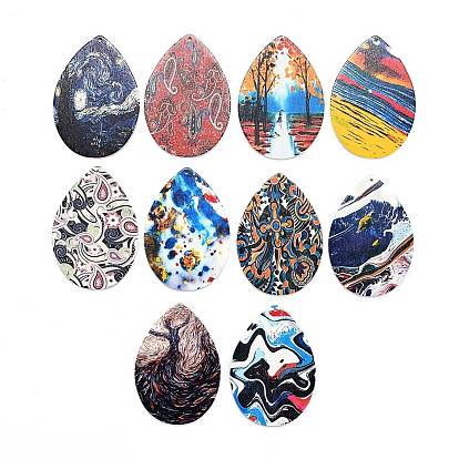Printed Wooden Big Pendants, Dyed, Teardrop