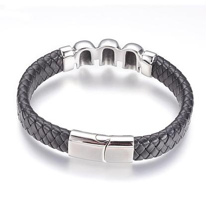 Leather Cord Bracelets, with 304 Stainless Steel Findings and Magnetic Clasps, Skull