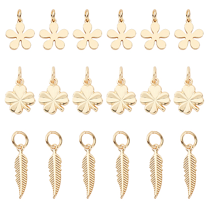 30Pcs 3 Style Brass Pendants, Clover & Flower & Leaf