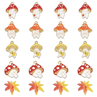 20Pcs 5 Style Autumn Theme Alloy Enamel Pendants, Maple Leaf & Mushroom Elf