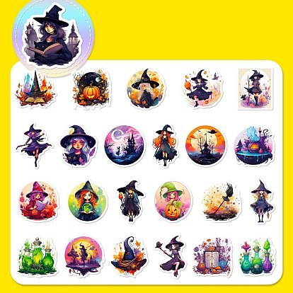 50Pcs Halloween PVC Self-Adhesive Cartoon Stickers, Waterproof Witch Decals for Party Gift Decoration, Kid's Art Craft