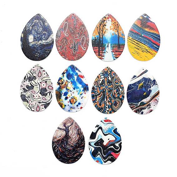 Printed Wooden Big Pendants, Dyed, Teardrop
