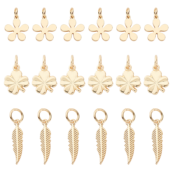 30Pcs 3 Style Brass Pendants, Clover & Flower & Leaf