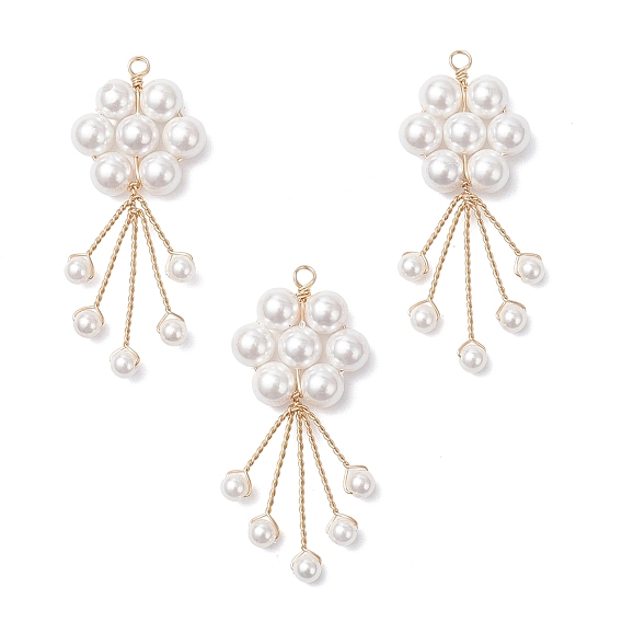 Подвески из круглой бусины с ракушечным жемчугом и медной проволокой, , белые