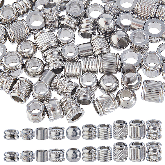 100 шт. 10 стили 201 Европейские бусины с канавками из нержавеющей стали, бусины с большим отверстием, rondelle & column