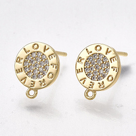 Brass Stud Earring Findings, with Loop, Cubic Zirconia, Nickel Free, Real 18K Gold Plated, Flat Round with Word Love Forever, Clear