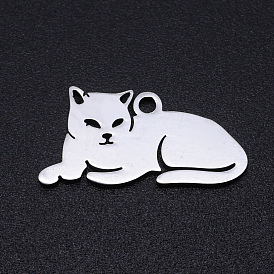 201 Stainless Steel Kitten Pendants, Laser Cut, Lying Cat Shape