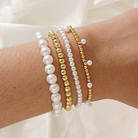 Minimalist Brass & Plastic Imitation Pearl Round Beads Stretch Bracelets for Women