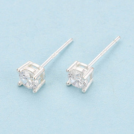 925 Серьги-гвоздики из стерлингового серебра с прозрачными кубическими циркониями, квадратный, с печатью 925