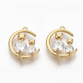 Brass Clear Cubic Zirconia Kitten Pendants, Nickel Free, Crescent Moon with Couple Cat Shape, Real 18K Gold Plated