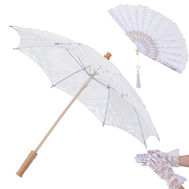 1Pc Plastic & Cloth Fans, with 1Pc Cotton Lace Umbrella, 1Pair Polyester Lace Gloves