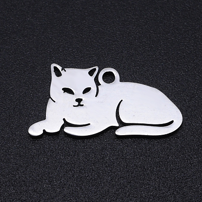 201 Stainless Steel Kitten Pendants, Laser Cut, Lying Cat Shape