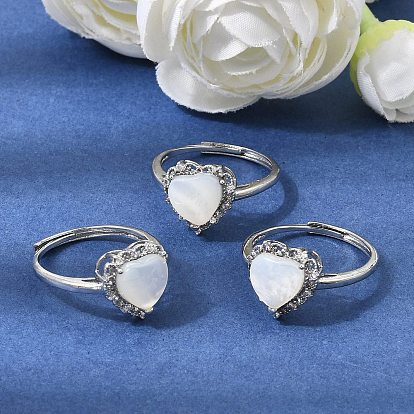 Micro latón allanar anillos zirconia cúbico, corazón, con cáscara blanca natural