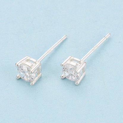 925 Серьги-гвоздики из стерлингового серебра с прозрачными кубическими циркониями, квадратный, с печатью 925