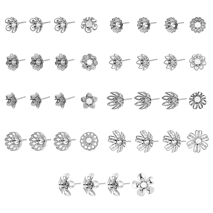 36Pcs 9 Style 304 Stainless Steel Stud Earring Settings, Mixed Flower