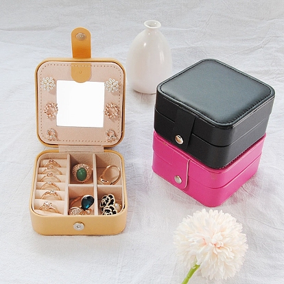 Mini caja de almacenamiento de viaje de piel sintética para mujer., Organizador de joyero cuadrado portátil para pendientes y anillos., con botón a presión y espejo