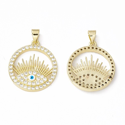 Rack Plating Brass Micro Pave Clear Cubic Zirconia Charms, with Enamel, Long-Lasting Plated, Cadmium Free & Lead Free, Flat Round with Evil Eye