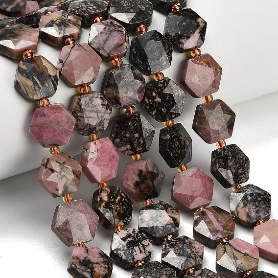 Natur Rhodonit Perlen Stränge, Hexagon, facettierter Sechskantschliff, mit Glasperlen