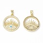 Rack Plating Brass Micro Pave Clear Cubic Zirconia Charms, with Enamel, Long-Lasting Plated, Cadmium Free & Lead Free, Flat Round with Evil Eye