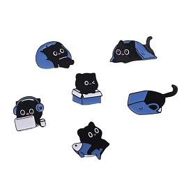 6Pcs 6 Styles Cute Black Cat Alloy Enamel Brooch, Cartoon Kitten Enamel Pins