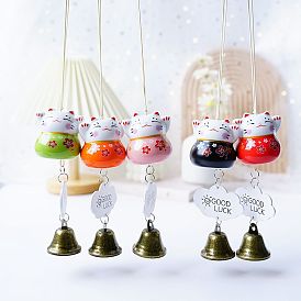 Porcelain Maneki Neko Hanging Wind Chimes Decor, Feng Shui Lucky Cat for Car Interiors Bell Hanging Ornaments