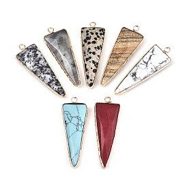 Gemstone Pointed Pendants, with Light Gold Plated Brass Edge and Loop, Triangle, Faceted