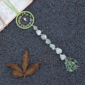 Woven Web/Net Natural Prehnite Chips Hanging Ornaments, Gemstone Chip Tassel for Garden Outdoor Decoration