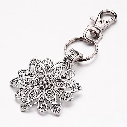Tibetan Style Pendant Keychain, with Iron Key Clasp Findings and Alloy Swivel Clasps, Flower