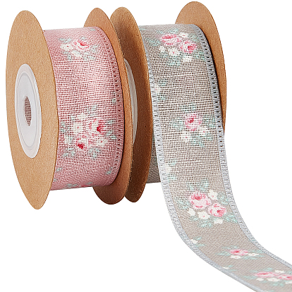 2 Rolls 2 Colors Burlap Ribbon, Flower Pattern, for Gifts Wrapping Party