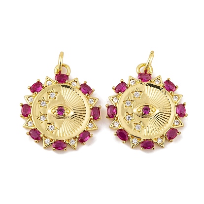 Rack Plating Brass Micro Pave Violet Cubic Zirconia Pendants, with Jump Rings, Long-Lasting Plated, Lead Free & Cadmium Free, Flat Round