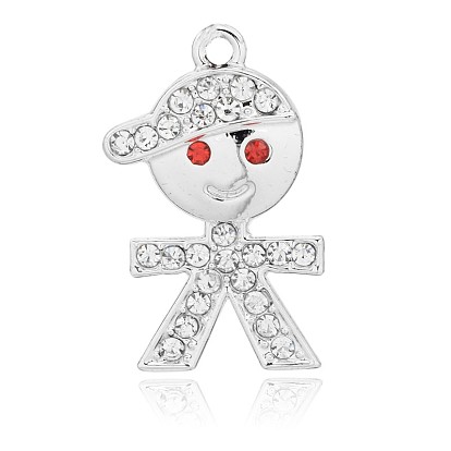 Nickel Free Silver Color Plated Alloy Rhinestone Boy Pendants, Long-Lasting Plated, 27x18x3mm, Hole: 2mm