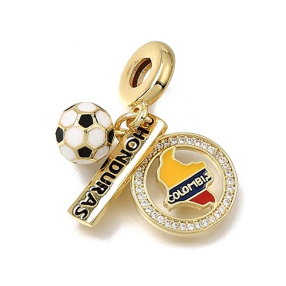 Breloques pendantes européennes en laiton micro pavé de zircons cubiques transparents et émail, Pendentifs grand trou, porte-bonheur du football hondurien, crémaillère plaquage, plaqué longue durée, sans cadmium et sans plomb, or