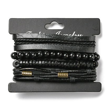4Pcs 4 Style Adjustable Braided Imitation Leather Cord Bracelets Set, Wood & Alloy Beaded Stretch Bracelets for Men