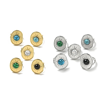 304 открытые манжеты из нержавеющей стали, Овальные кольца на палец из синтетического малахита и бирюзы для женщин и мужчин