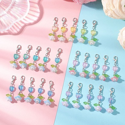25piezas 5Decoraciones colgantes acrílicas de colores con forma de corazón y flor, Con cuentas de perlas de imitación de plástico y cierres de aleación.