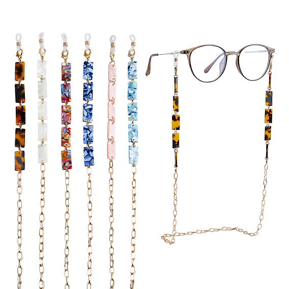 6шт 6 стильные цепочки для очков, Цепочки из сплава с овальными звеньями и акриловыми прямоугольными звеньями, шейный ремешок для очков, с резиновыми петлями