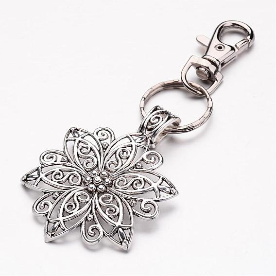 Tibetan Style Pendant Keychain, with Iron Key Clasp Findings and Alloy Swivel Clasps, Flower