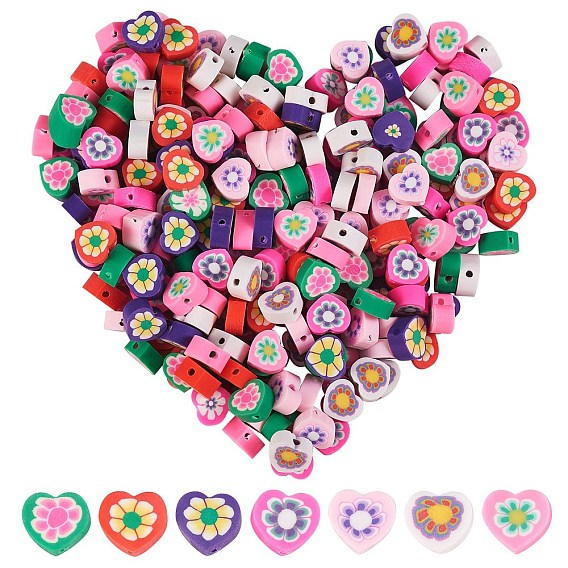 315Pcs 7 Colors Handmade Polymer Clay Beads, Heart with Flower Pattern
