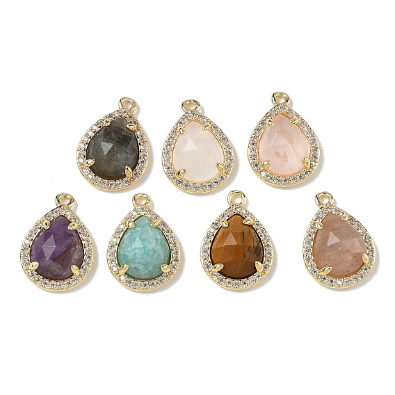 Подвески в форме капли из натурального драгоценного камня, подвески-капли из латуни с микропаве из прозрачного кубического циркония, стойки покрытие, долговечный, золотые