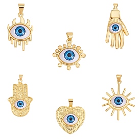 6Pcs 6 Styles Resin Pendants, with Real 18K Gold Plated Brass Findings, Long-Lasting Plated, mixed Shapes with Evil Eye