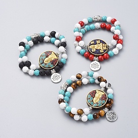 Ensembles de bracelets extensibles à thème bouddhiste guan yin et lotus, bracelets empilables, avec des perles indonésiennes faites à la main en laiton, perles rondes et pierres précieuses en alliage de style tibétain