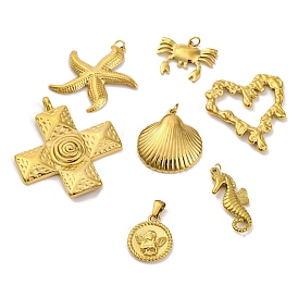 304 Stainless Steel Pendants, Real 18K Gold Plated, Starfish/Shell/Crab/Cross Charm