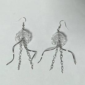 Boucles d'oreilles dangle de fer, avec verre & 304 pendentif en acier inoxydable, fleur, platine