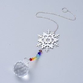 Cristal lustre suncatchers prismes chakra pendentif suspendu, avec des chaînes de câble de fer, perles de verre et pendentifs en laiton, flocon de neige et rond