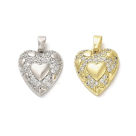 Rack Plating Brass Micro Pave Clear Cubic Zirconia Pendants, Cadmium Free & Lead Free, Long-Lasting Plated, Heart