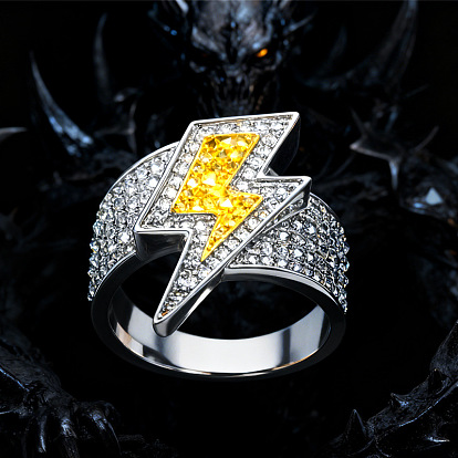 Brass Micro Pave Cubic Zirconia Finger Rings for Men, Lightning Bolt
